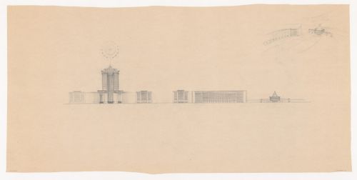 Street elevation for the reconstruction of the Hofplein showing Industriegebouw Plan B, other mixed-use developments, and Café Viaduct, plan for Industriegebouw Plan B, and a bird's-eye sketch perspective for Café Viaduct, Rotterdam, Netherlands