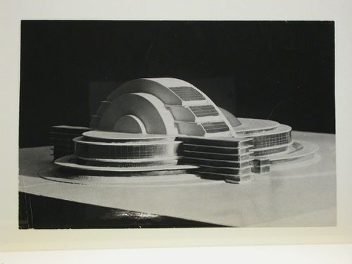 Photograph of a cardboard [?] model for the first round of competition for a "synthetic theater" in Sverdlovsk, Soviet Union (now Ekaterinburg, Russia)