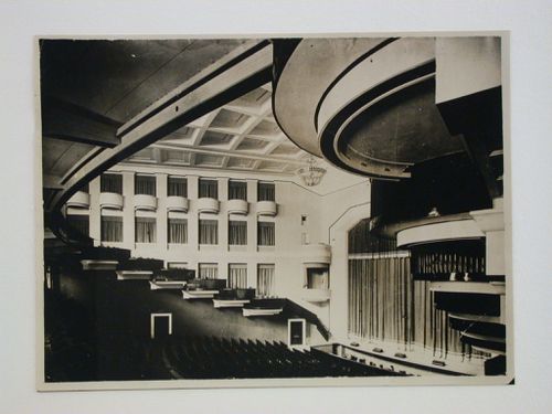 Interior view of Spectators' Hall showing boxes and stage, Gorki Palace of Culture, Leningrad (now Saint Petersburg)