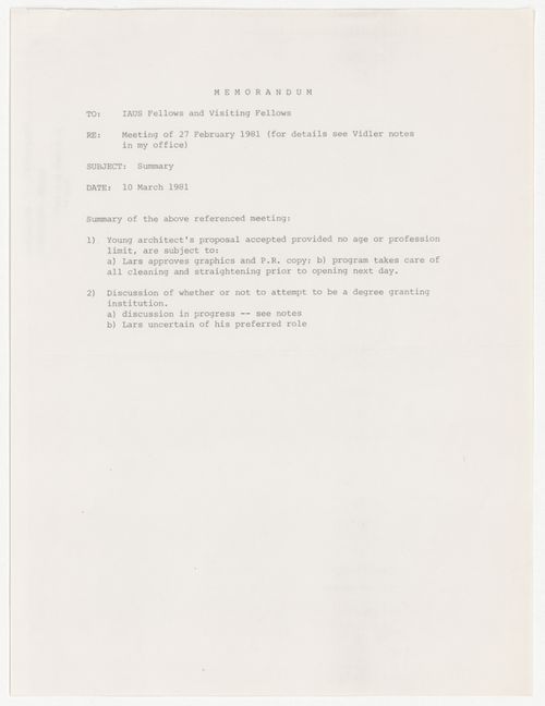 Memorandum to the Fellows and visiting Fellows summarizing meeting of February 27th 1981
