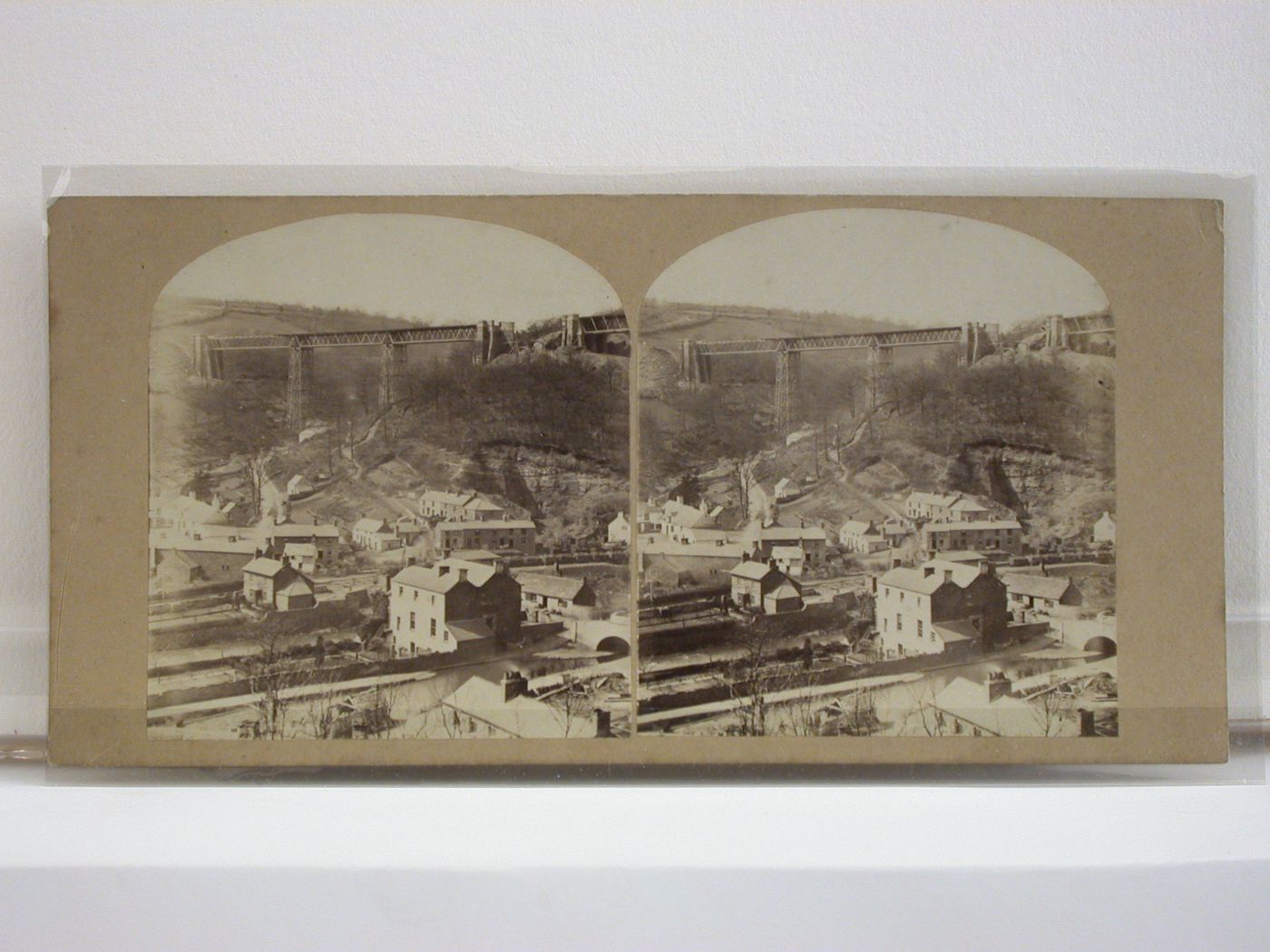 Stereograph of Monmouthshire (now in Gwent County) with the Crumlin Viaduct under construction in the background, Wales