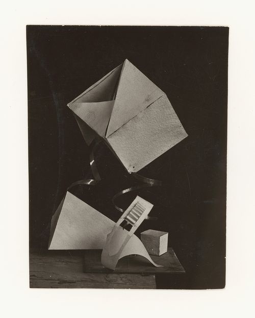 Photograph of a student model on the topic "Constructing a Voluminous Composition Based on Correlation of Mass (Cube) and Support" for the "Space" course at the Vkhutemas (Higher State Artistic Technical Studios), Moscow