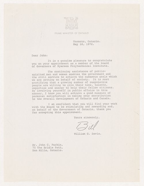 Letter from Ontario premier William G. Davis to Parkin