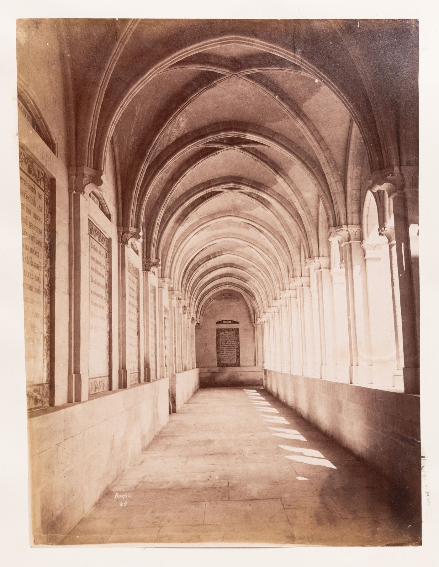 View of an arched aisle inside a religious building, Europe or Near East
