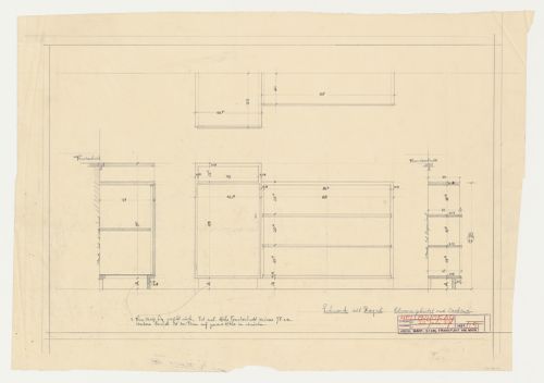 Plan, sections, and elevation for a cupboard with shelves for Hellerhof Housing Estate, Frankfurt am Main, Germany