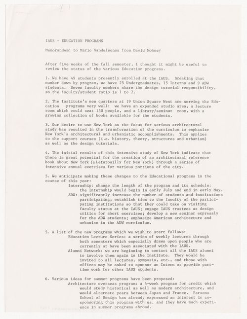 Memorandum from David Mohney to Mario Gandelsonas about  IAUS education programs