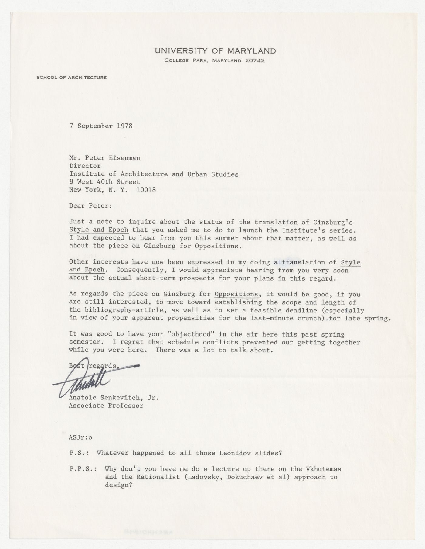 Letter from Anatole Senkevitch Jr. to Peter D. Eisenman about translation of Moisei Ginzburg's book Style and Epoch