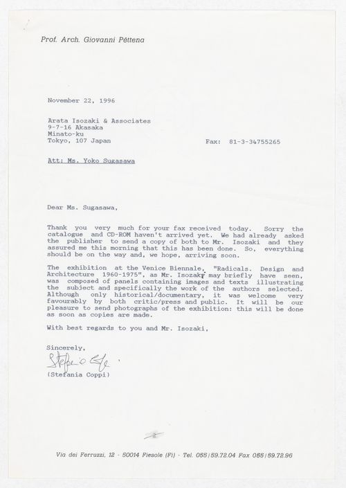 Correspondence with Yoko Sugasawa of Arata Isozaki & Associates regarding the exhibition Radicals. Architecttura e Design 1960-1975