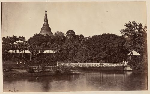 View of the Royal Lakes and Dalhousie Gardens with the Shwedagon Pagoda in the background, Rangoon (now Yangon), Burma (now Myanmar)