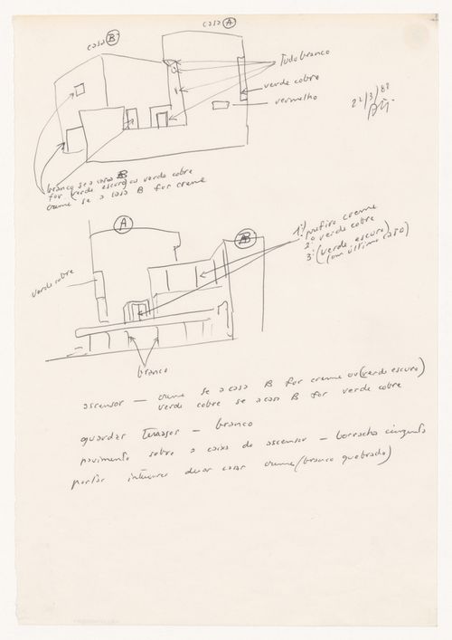 Sketches and notes for Duas habitações e duas lojas [Housing and shopping complex, Schilderswijk], The Hague, The Netherlands