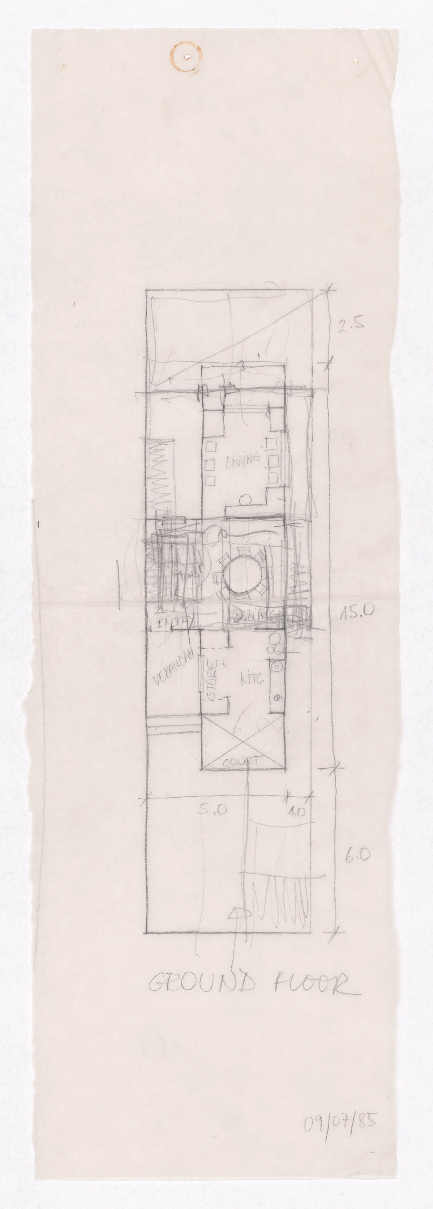 Sketch floor plan of house for Minimum Cost Housing Group's plot in Aranya township, India, for Aranya Housing Project