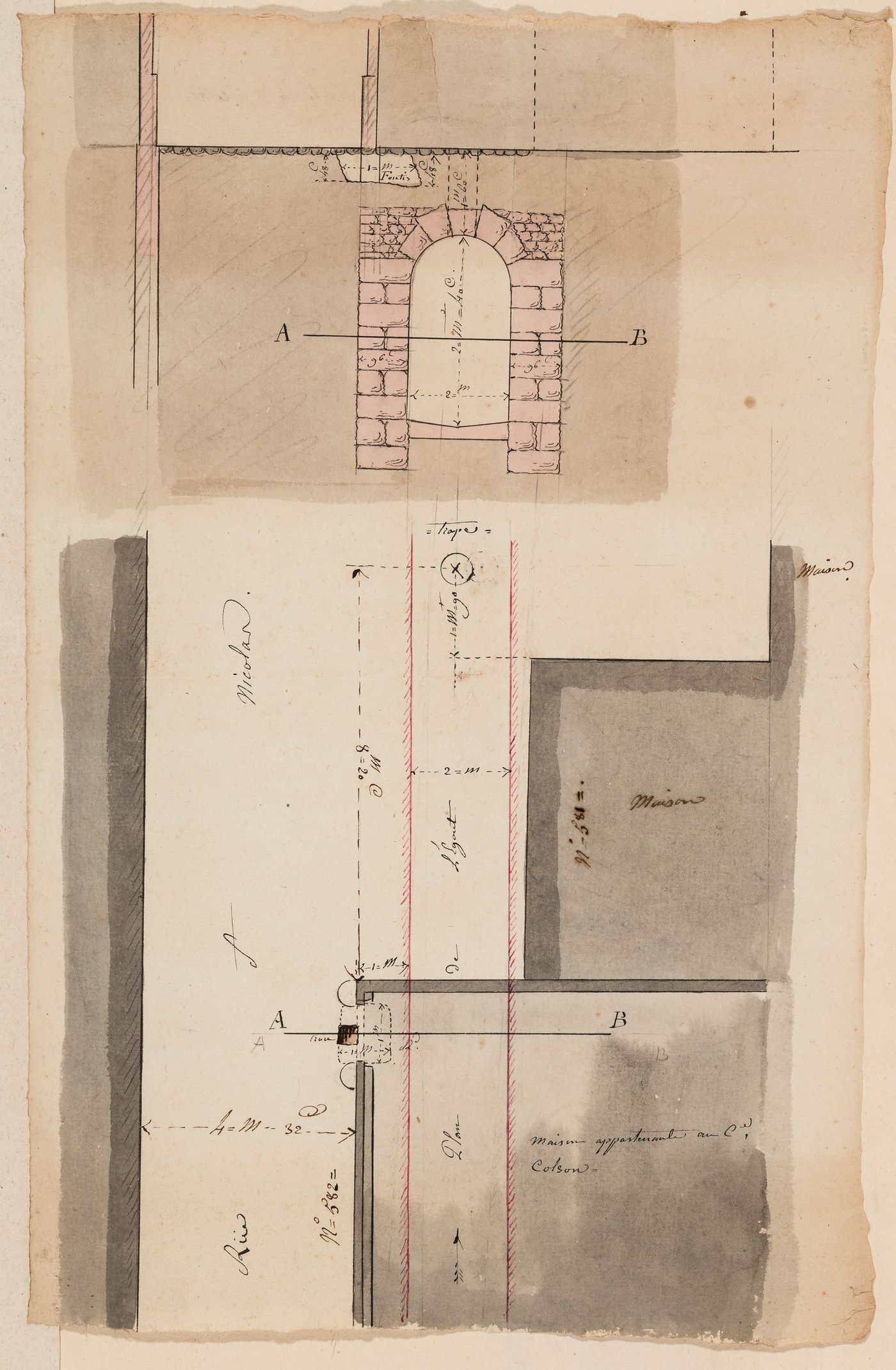 Project for alterations to the caserne de gendarmerie, rue du Faubourg-Saint-Martin: Plan and section for the sewer system, rue Saint-Nicolas