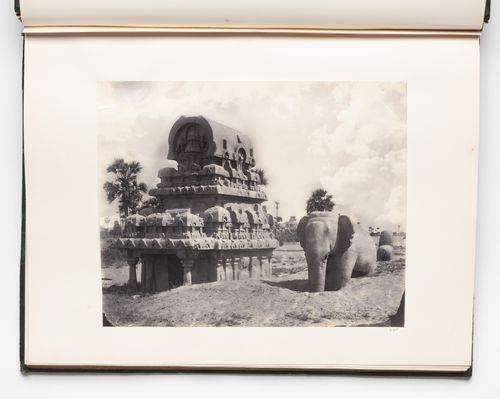 View of the Nakula-Sahadeva shrine and an elephant sculpture on the right, Mahabalipuram (now Mamallapuram), India