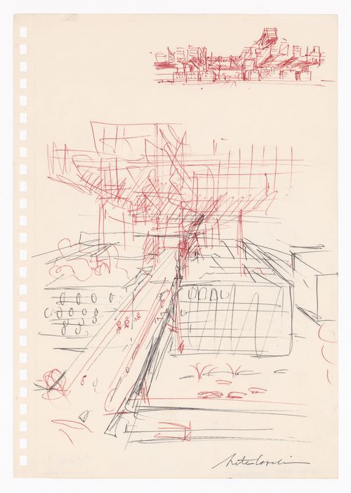 Sketch for an urban structure raised on pylons, possibly for the Marunouchi Project, Tokyo
