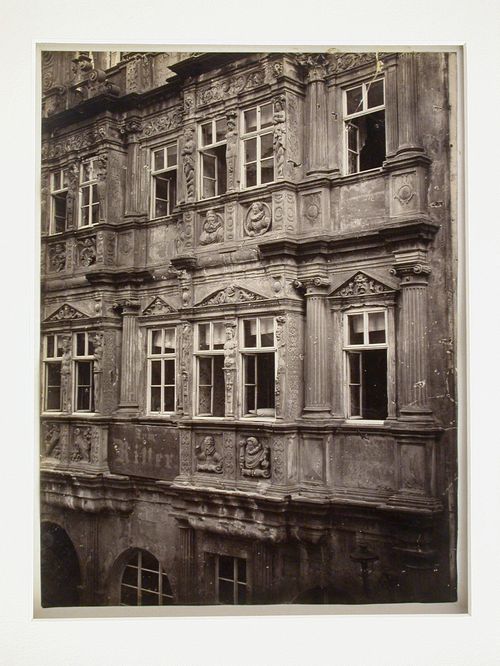 Detail for windows and reliefs, façade of large building, Hamburg, Germany