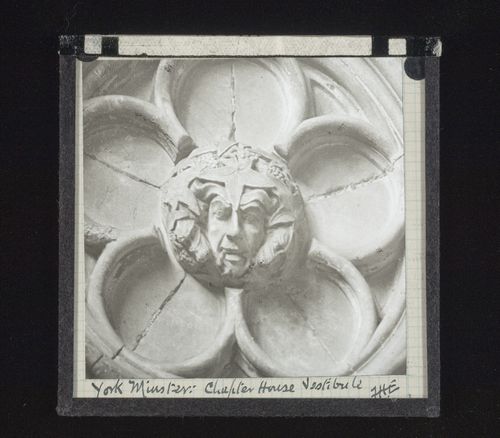 View of boss with foliate mask in vestibule of Chapter House of York Minster, York, North Yorkshire, England