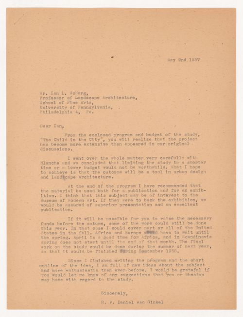 Letter from H. P. Daniel van Ginkel to Ian L. McHarg with a study for Child in the City