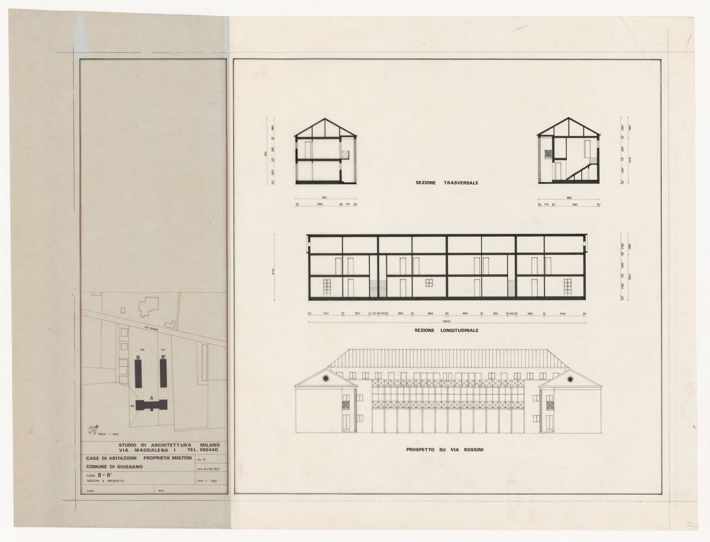 Sections, elevation, and site plan for Case di abitazioni sulla proprietà Molteni, Giussano, Italy