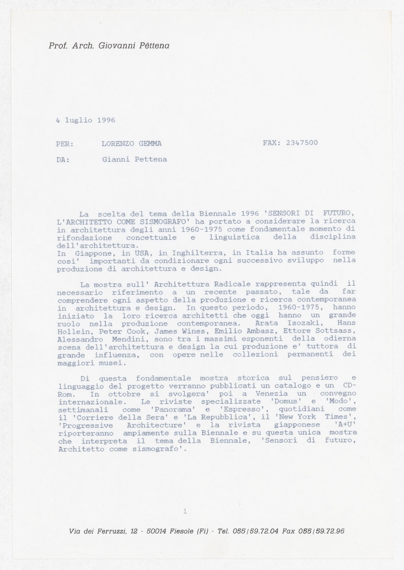 Correspondence to Lorenza Gemma regarding the exhibition Radicals. Architettura e Design 1960-1975