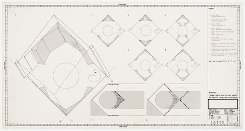 Perthpavs: North Pavilion: axonometric and plans for upper level gallery display and plans for lower level pool, canal and deck screening
