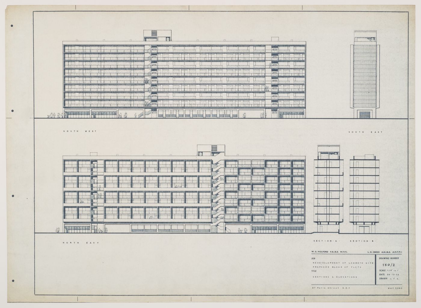 Apartment Houses, Lambeth, London, England: elevations and sections
