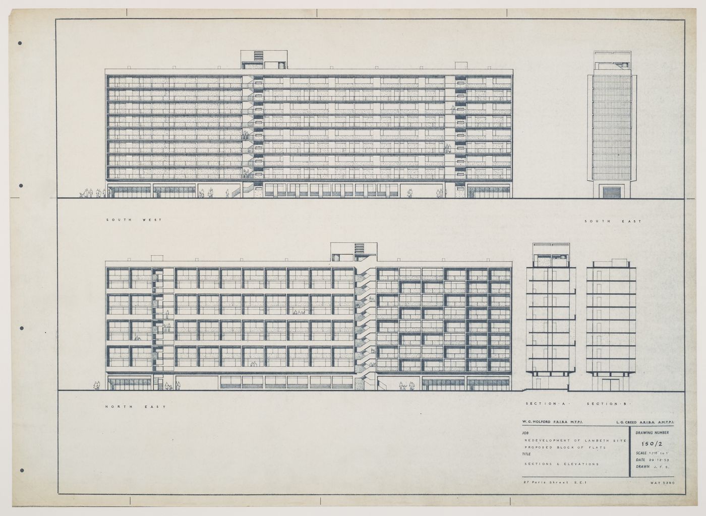 Apartment Houses, Lambeth, London, England: elevations and sections
