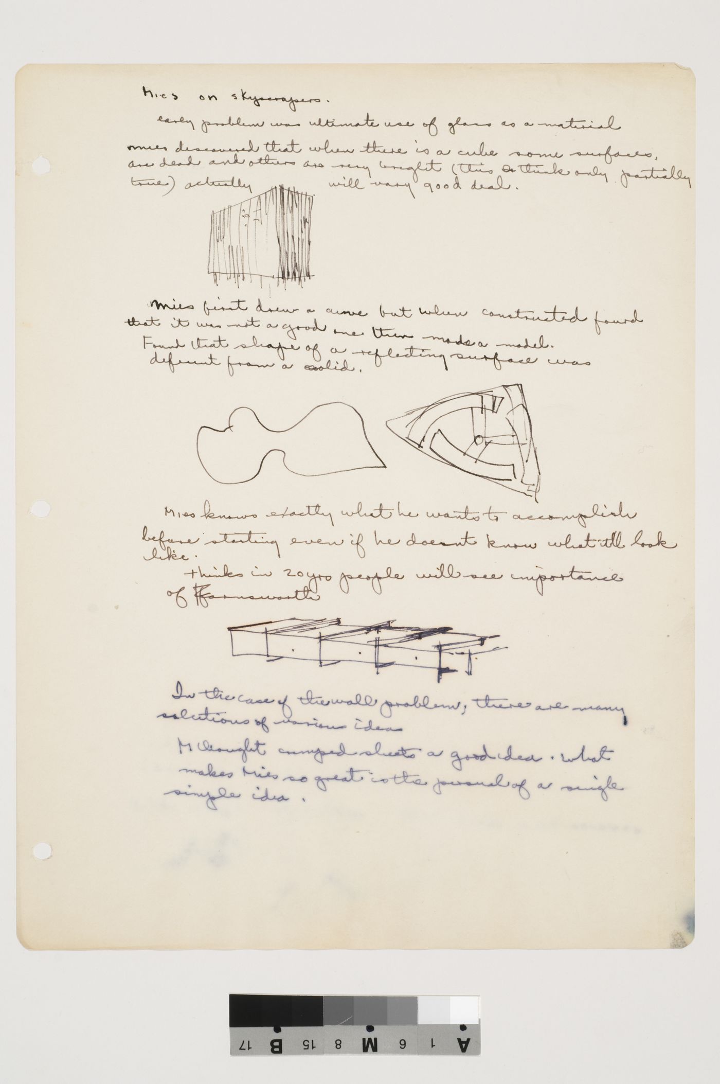 Notes about Mies's ideas on skyscrapers, glass as a material, and Farnsworth House, with sketches