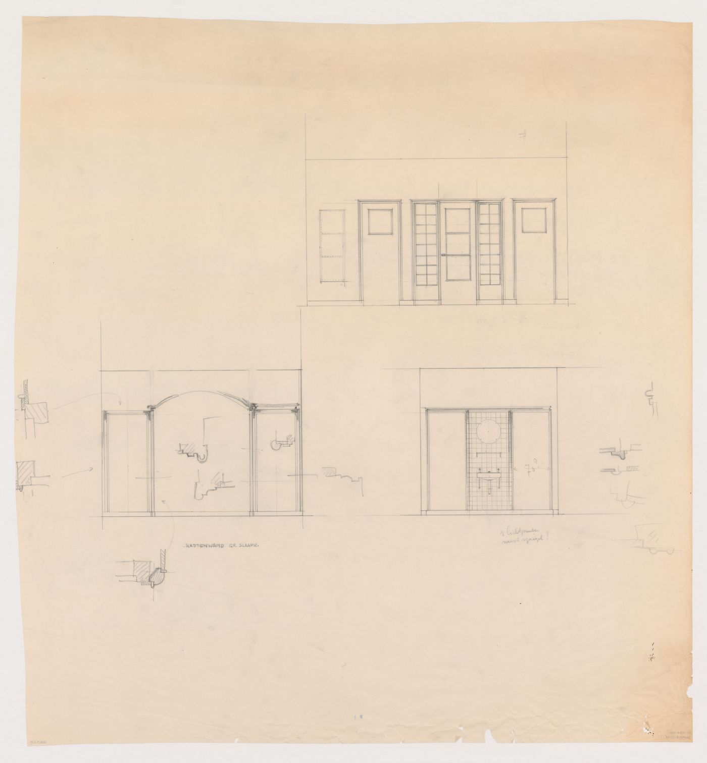 Elevations and sectional details for a wall cabinet, lavatory sink and interior doorway for Olveh mixed-use development, Rotterdam, Netherlands