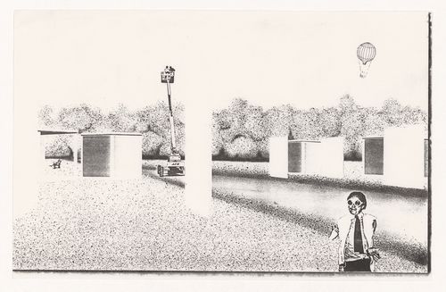 Perspective of cubes and screens with landscape background for Generator