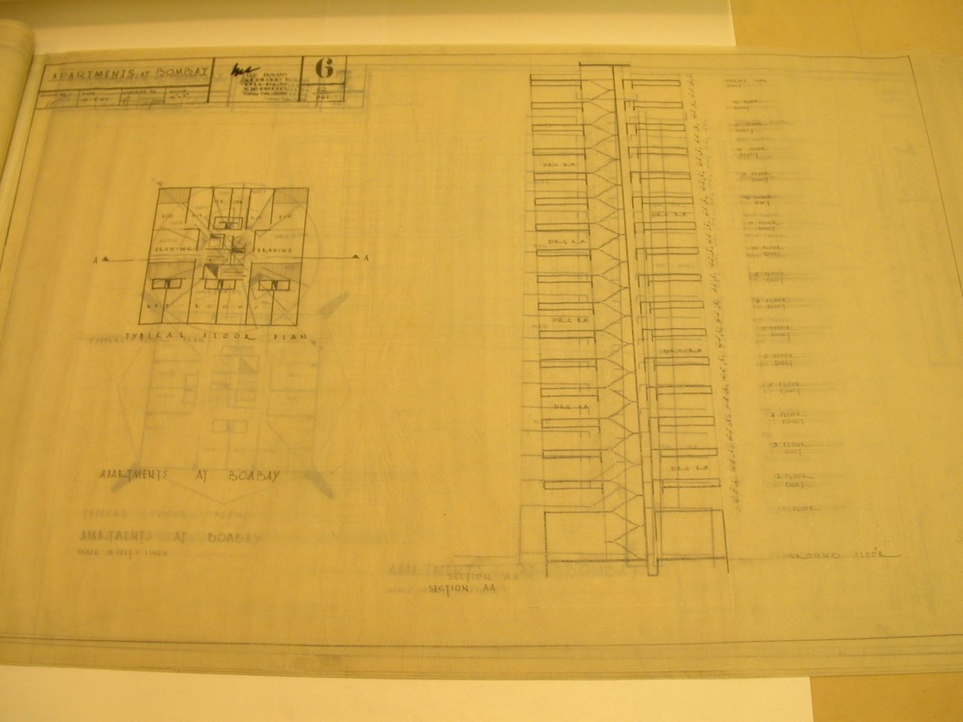 Complexe d'habitation Gary Coopar, "Apartments at Bombay", Bombay (maintenant Mumbai), Inde: floor plan and section