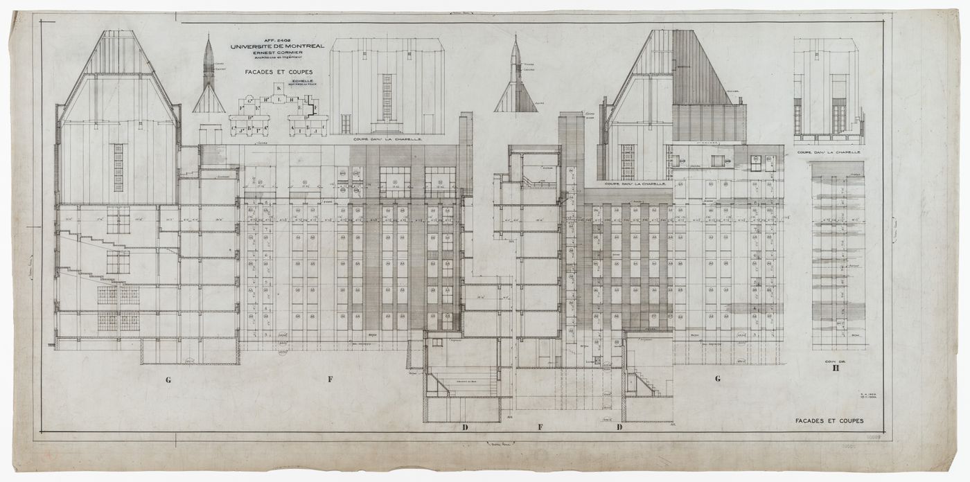 Façades et coupes des pavillons, G, F, D et H, Pavillon principal et campus, Université de Montréal, Montréal, Canada (1924-1947)
