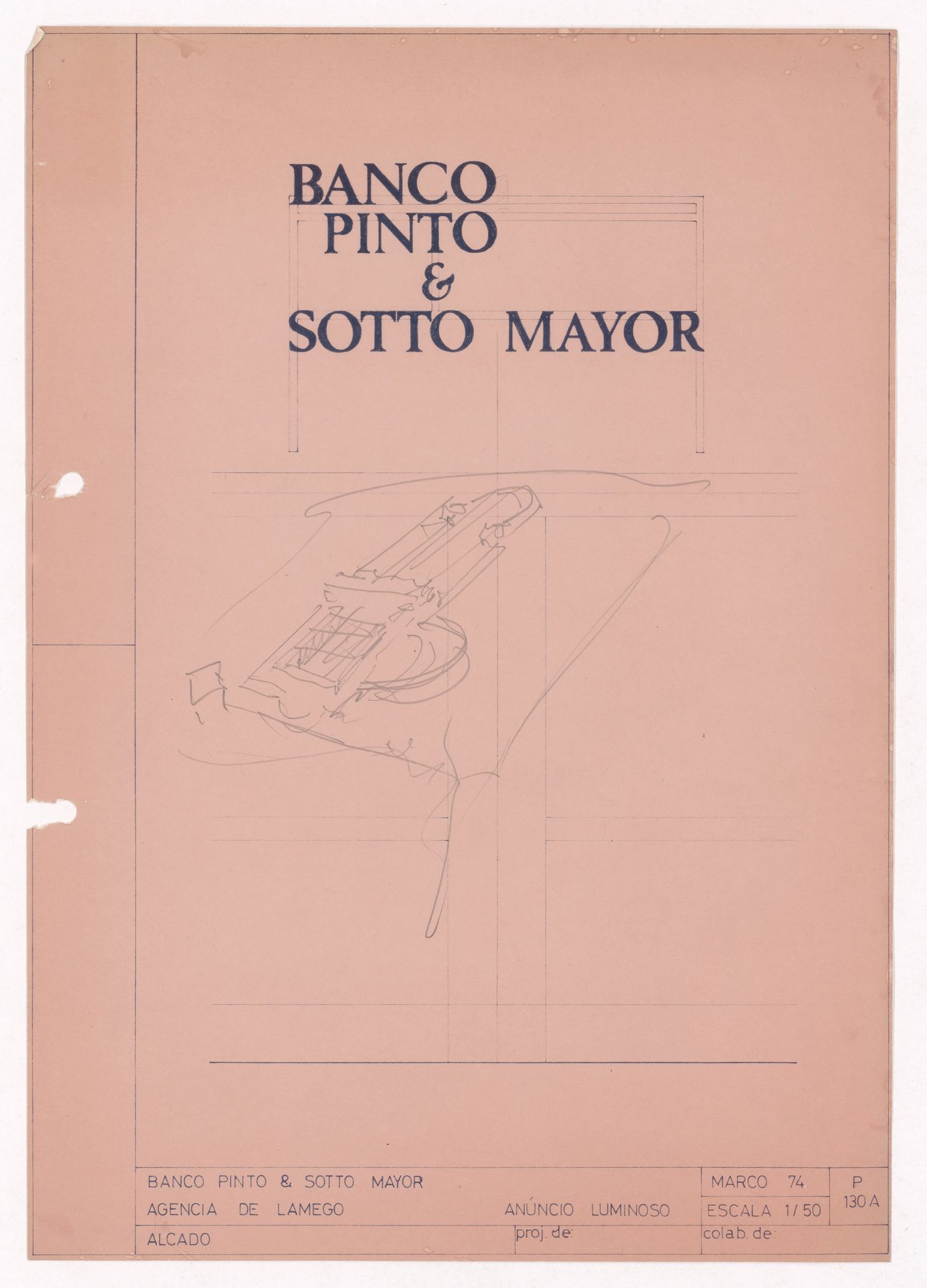 Sketch axonometric view for Casa Alcino Cardoso, Porto, Portugal on Banco Pinto & Sotto Mayor reprographic copy