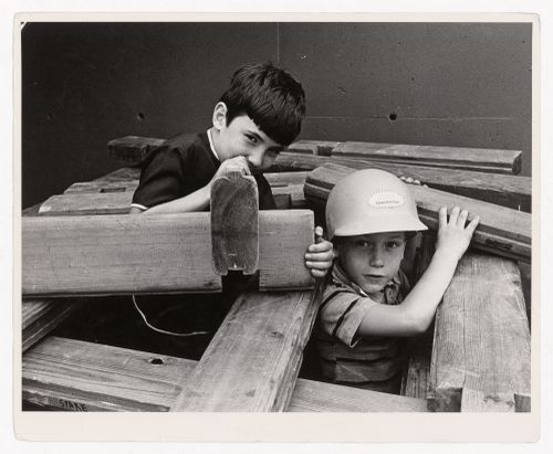 View of children playing at Children's Creative Centre Playground, Canadian Federal Pavilion, Expo '67, Montréal, Québec