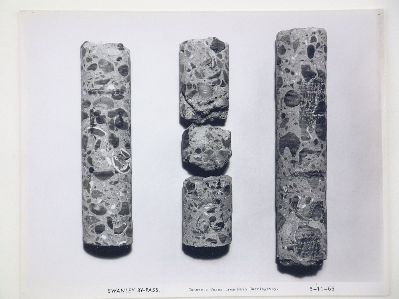 Studio view of concrete cores from main carriageway of the Swanley Bypass, England