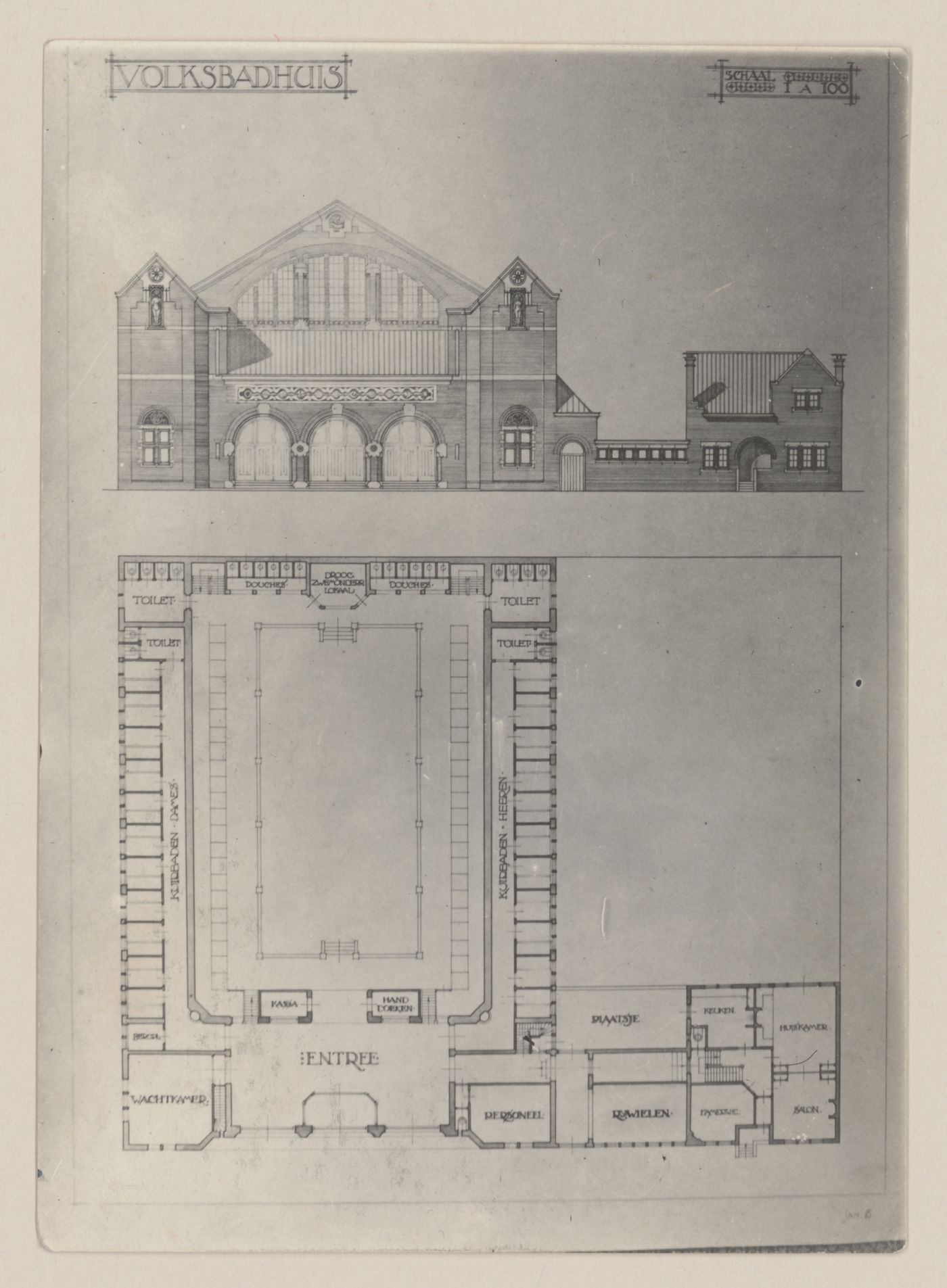 Photograph of an elevation and floor plan for a public bath, Blaricum, Netherlands
