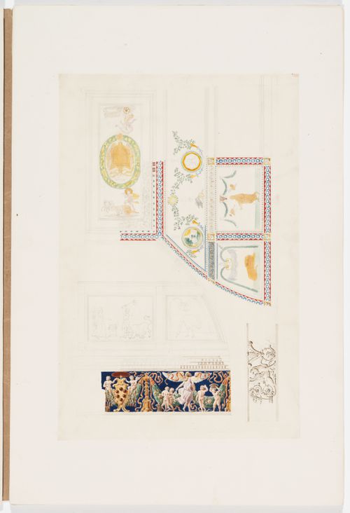 Ornament drawing of panels and bands with figurative and foliated ornament including the coat of arms of the Medici family, surrounded by decorated moldings and borders, probably for wall and ceiling panels, and a piece of a band decorated with grotesques