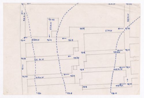 Sketch plan of plots showing ground levels and water distribution for Minimum Cost Housing Group's plot in Aranya township, India, for Aranya Housing Project