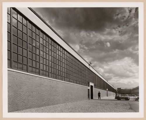 View of the principal [?] façade of the Automobile Assembly Building (also known as Building No. 4), Dodge Chicago Plant, Chrysler Corporation Dodge division, Chicago, Illinois