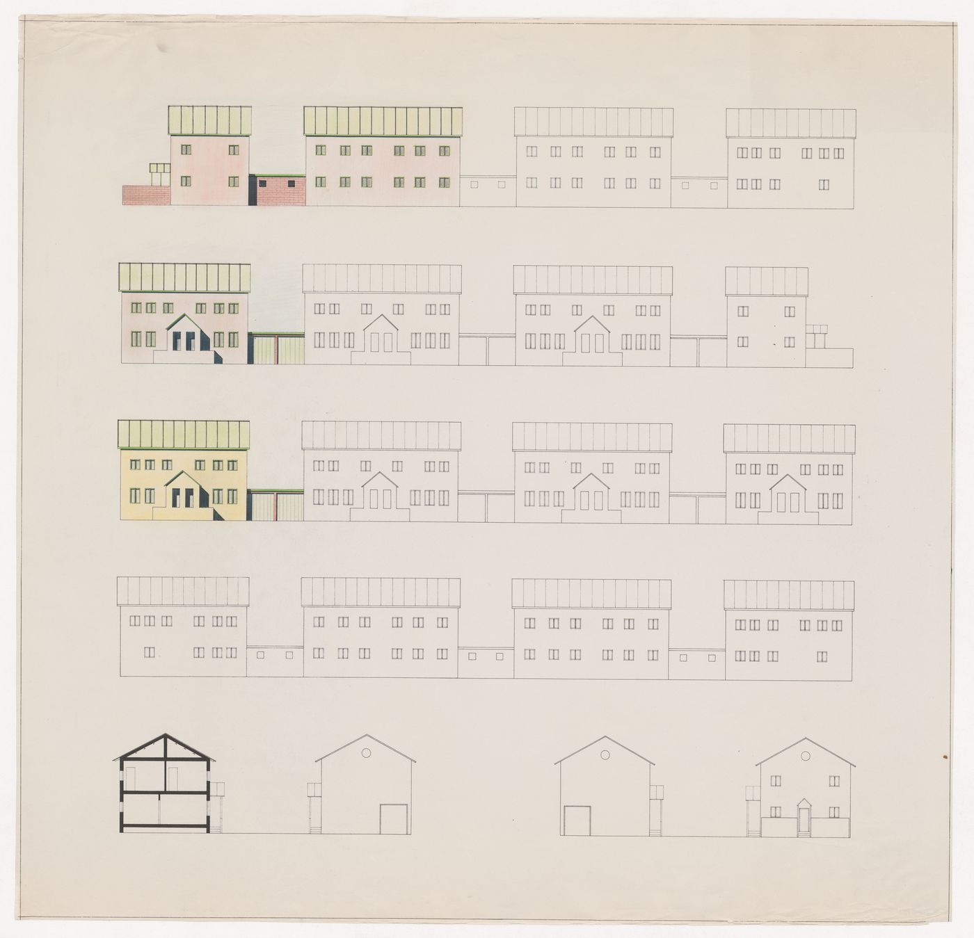 Elevations and section for UNI-Casa, Goito, Italy
