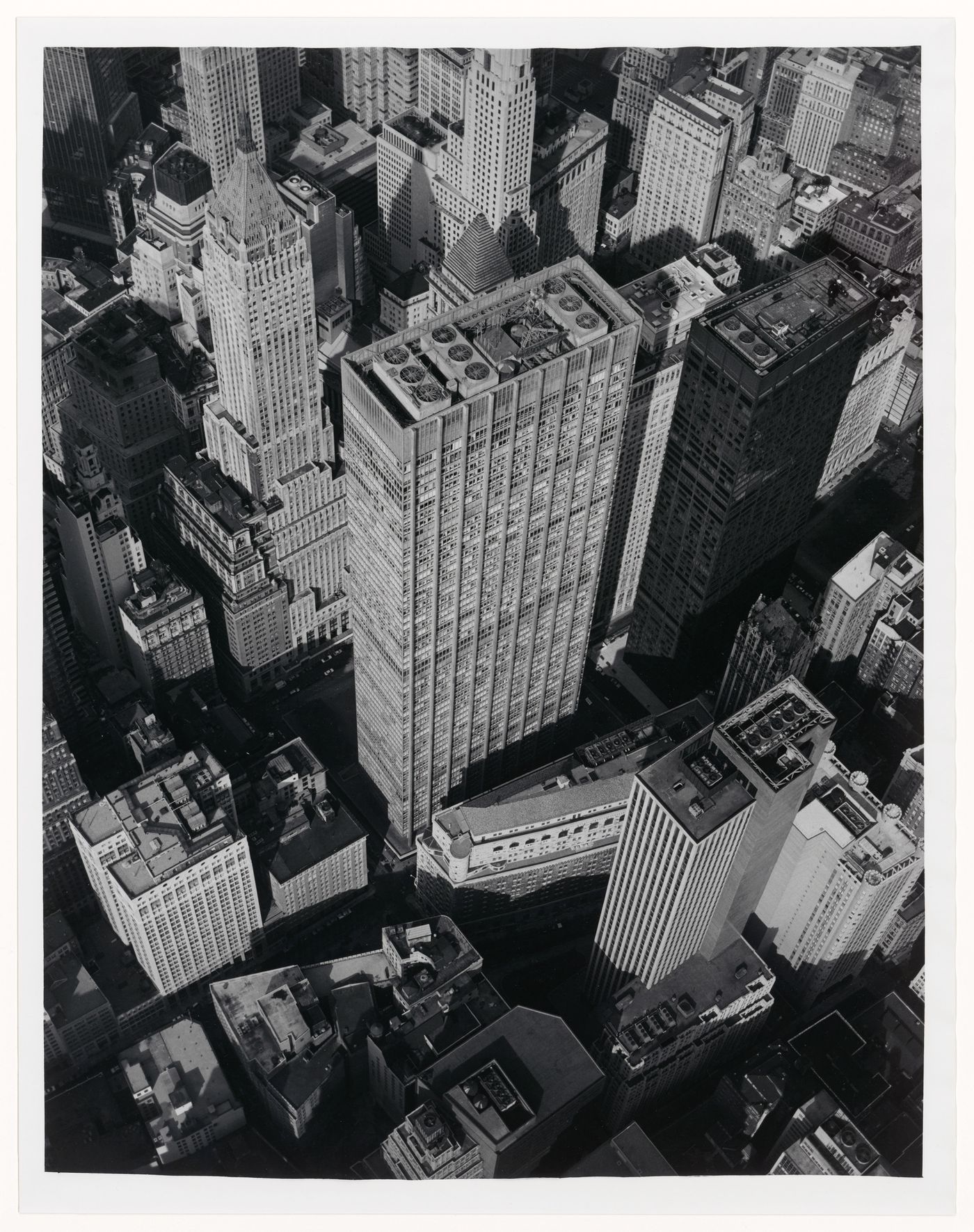 Aerial view of the Chase Manhattan Bank with the Federal Reserve Bank and the Home Insurance Company building in the lower right and the 40 Wall Street building in the upper left, Manhattan, New York City, New York, United States