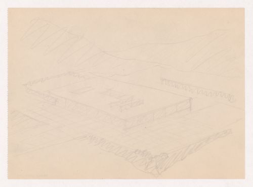 Bird's-eye perspective sketch for Museum for a Small City with surrounding landscape