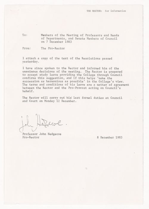 Royal College of Art memorandum on March's resignation terms