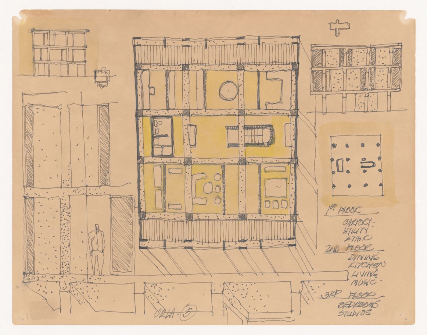 Sketch plan, elevations, and sections with annotations for Texas Houses