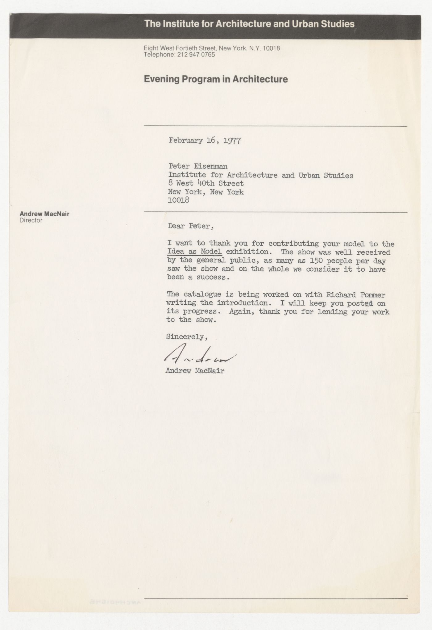 Letter from Andrew MacNair to Peter D. Eisenman about Idea as Model exhibition