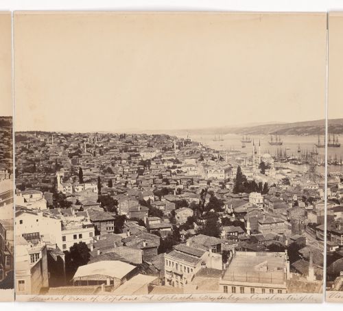 Partial view of Constantinople showing Pera (now Beyoglu) with the Tophane Kiosk, Kiliç Ali Pasa Camii, Tophane clock tower [Tophane saat kulesi], Nusretiye Camii [Victory Mosque] (also known as the Tophane Mosque) and the Bosporus on the right and the Be