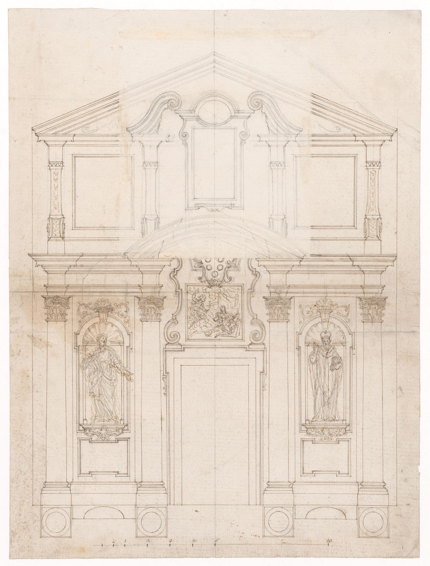 Elevation of the façade of a church or an altar, with two flaps showing alternate ideas for the pediment