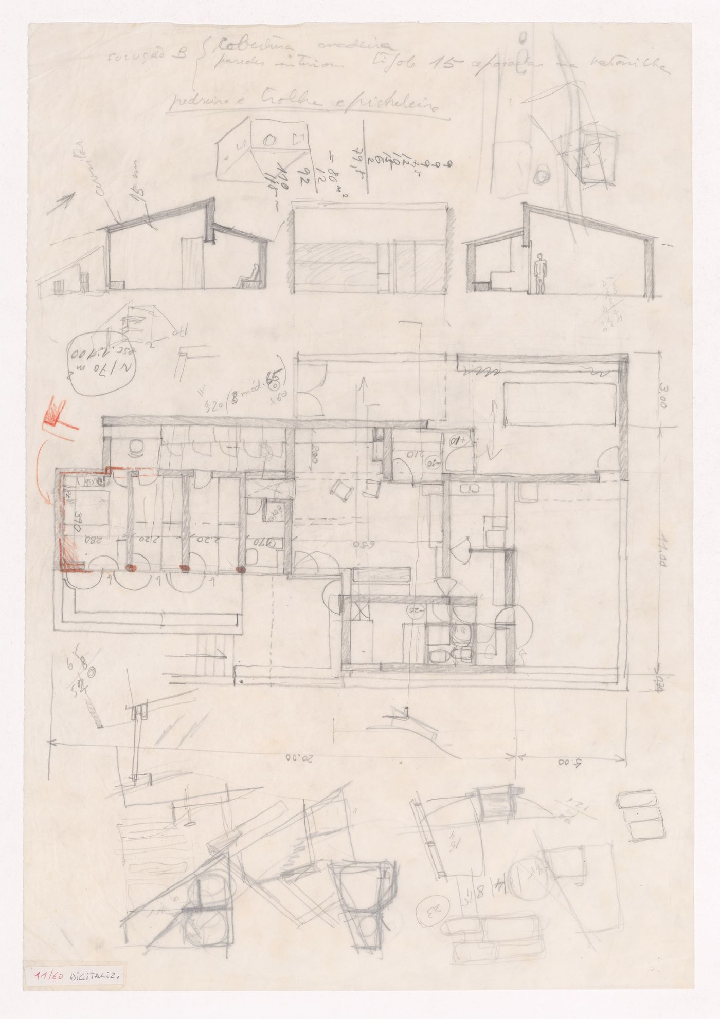 Sketch floor plans and sections for Casa Rui Feijó, Moledo do Minho, Caminha, Portugal