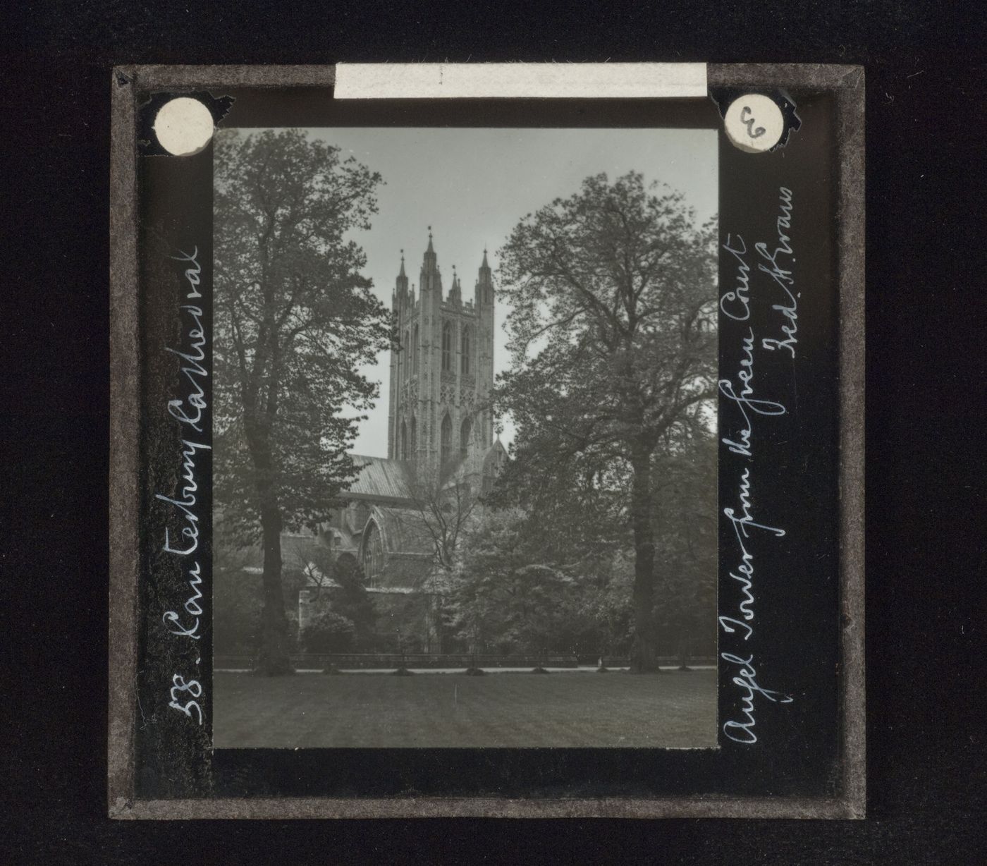 Exterior view of tower of Canterbury Cathedral from the Green Court, Canterbury, Kent, England
