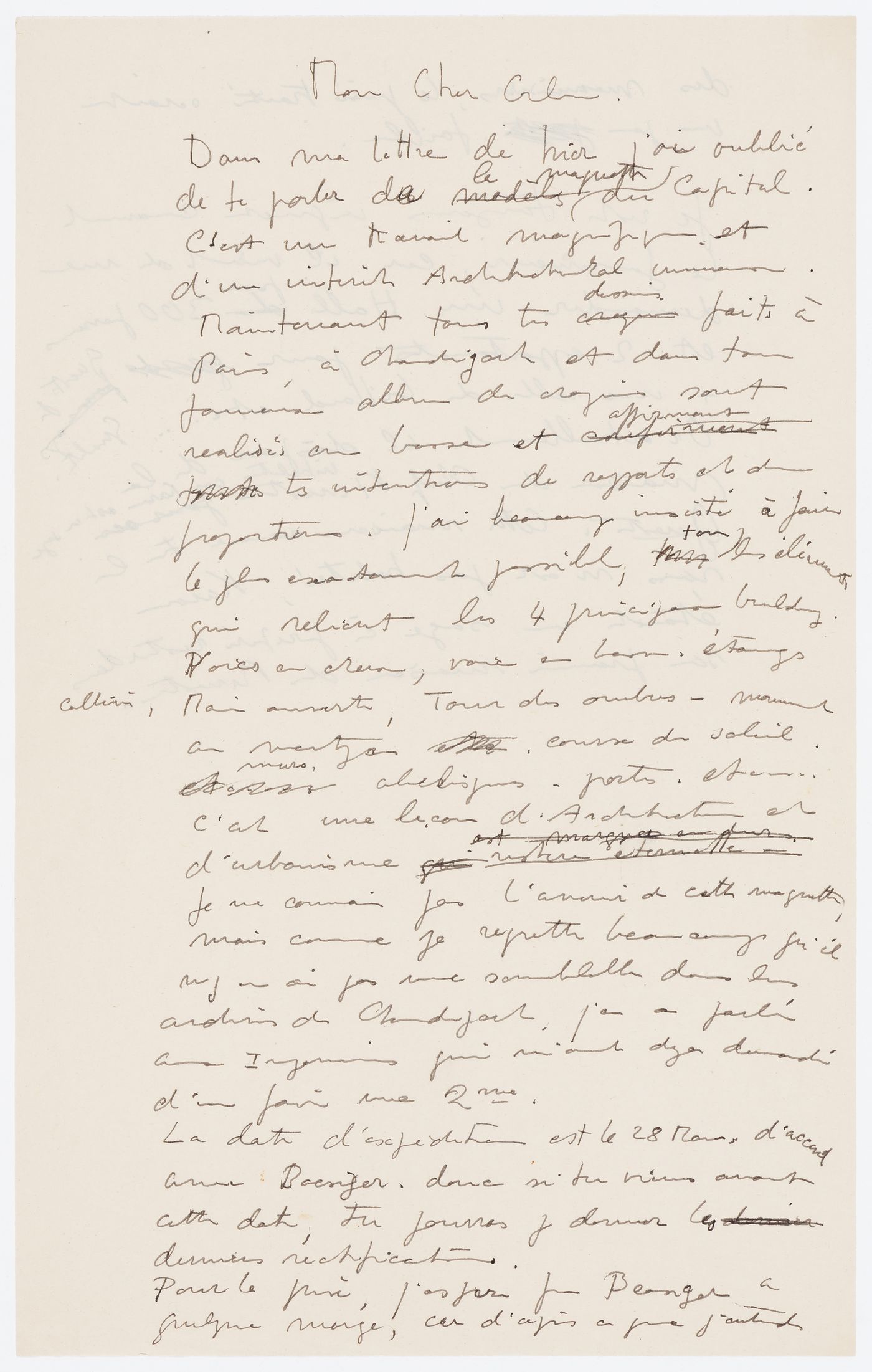 Fragment d'un brouillon d'une lettre de Pierre Jeanneret à Le Corbusier relatif à Chandigarh, Inde