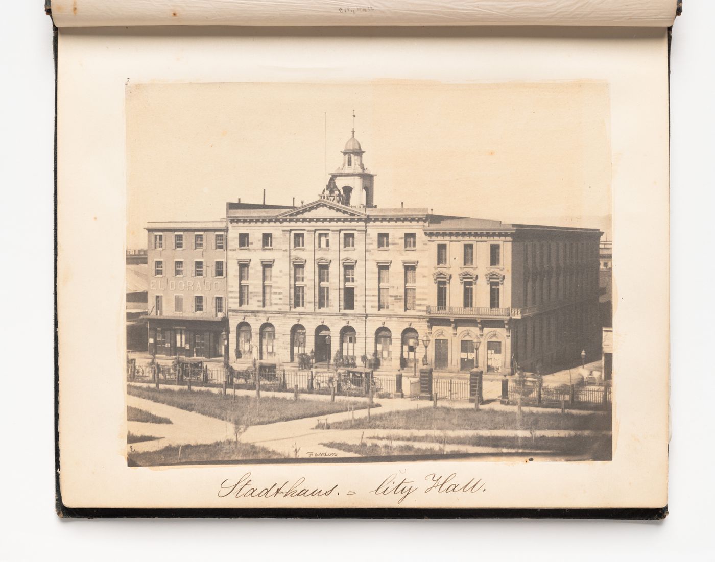 View of City Hall (formerly the Jenny Lind Theater) from across Portsmouth Square (also known as the Plaza), Washington and Kearny Streets, San Francisco